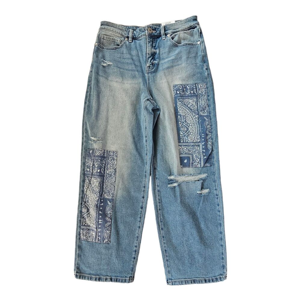 Style & Co High Rise Distressed Mom Jean Vintage Straight Size 6P Bandana Roses